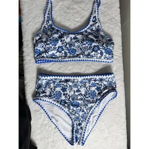 Women's Bikini Set Blue Floral Print Whip Stitch 2 Piece Swimsuits Size XL New